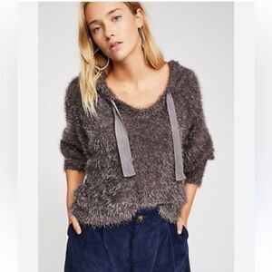 Free People‎ Women’s L Fuzzy Light As a Feather Hoodie Sweater  Grey Cozy New